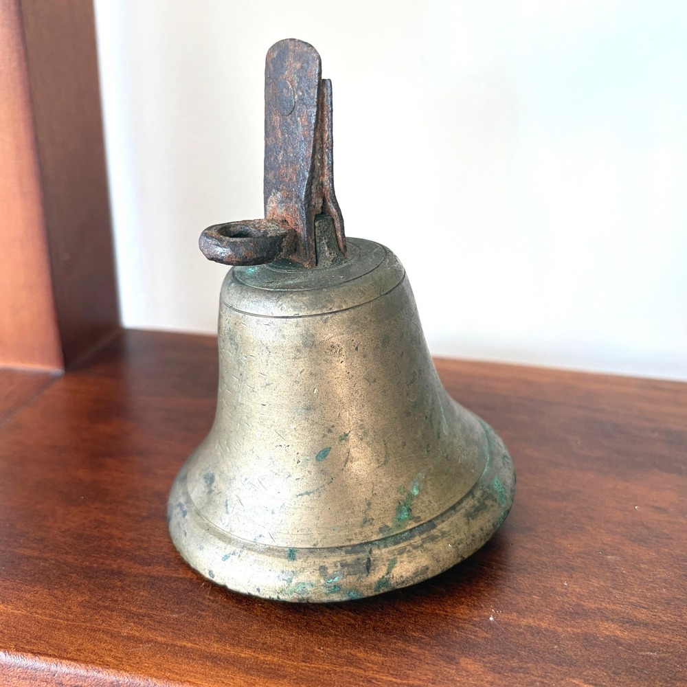 Antique Brass Bell with Iron Mount and Clapper Rustic Aged Patina 3.75 Inch